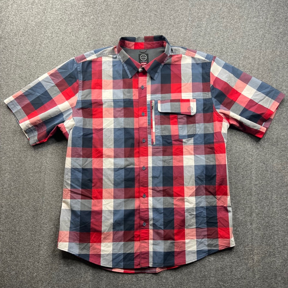 Wrangler ATG Shirt Mens XL Red Blue Plaid Short Sleeve All Terrain Gear Outdoor